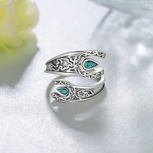 Sterling Silver Moon & Flower Inlaid Turquoise Wrap Ring
