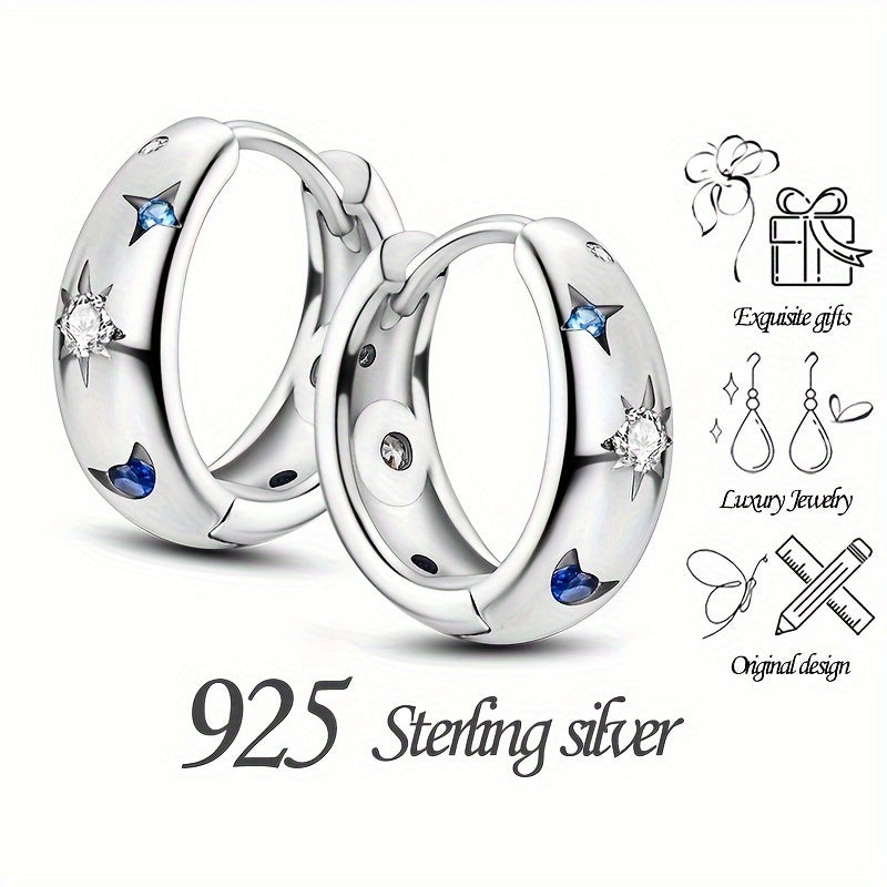 925 Sterling Silver Star Pattern Zircon Hoop Earrings